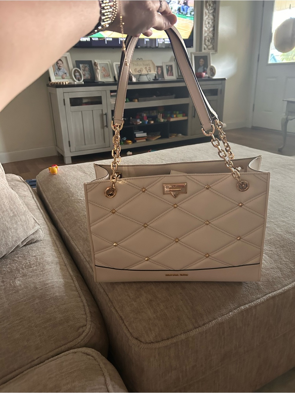 Michael Kors Quilted Leather Tote in Light Beige with Gold Hardware